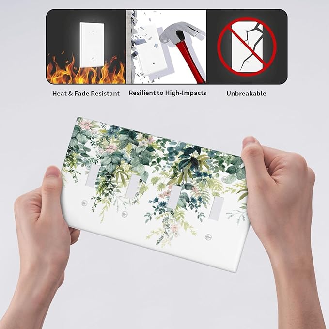Colorful Plant Flower Sage Eucalyptus Leaves Light Switch Covers Quad Toggle Electrical Faceplate 4 Gang Wall Plate Decorative Switch Plates Cover for Bedroom Living Room Decor