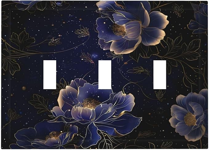 Navy Blue Floral Vintage Flower Dark Watercolor Decorative Switch Plates 3 Gang Wall Plate Triple Toggle Light Switch Cover Faceplate Electrical Wall Panels for Bedroom Living Room Decor