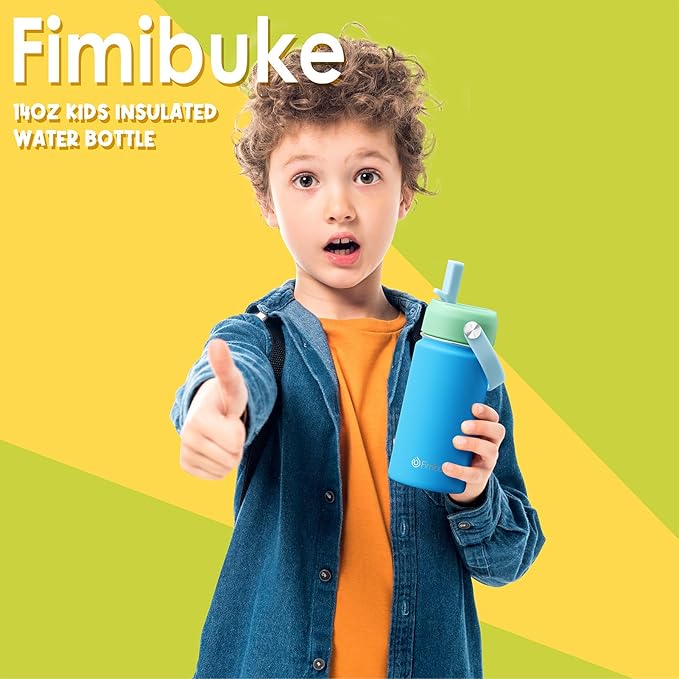Fimibuke Kids Insulated Water Bottle, 14oz BPA FREE 18/8 Stainless Steel Travel Tumbler Double Wall Vacuum Leak Proof Kids Cup with Straw Metal Water Bottle for School Boys Girls(1 Pack, Mint)