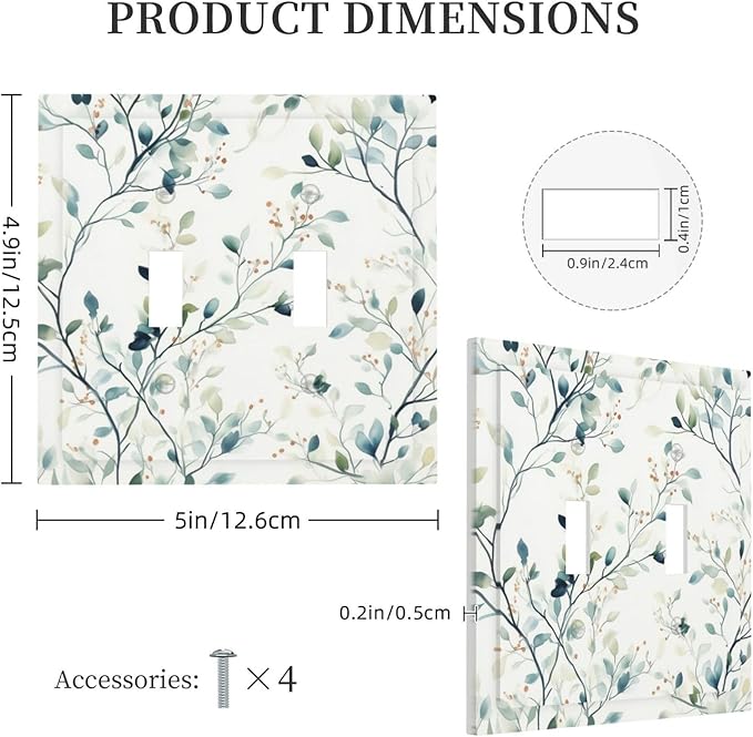 Watercolor Floral Green Leaves 2 Gang Light Switch Cover Green Botanical Flowers Double Toggle Wall Plate Decorative Electrical Switchplate Covers for Bedroom Kitchen Living Room Decor