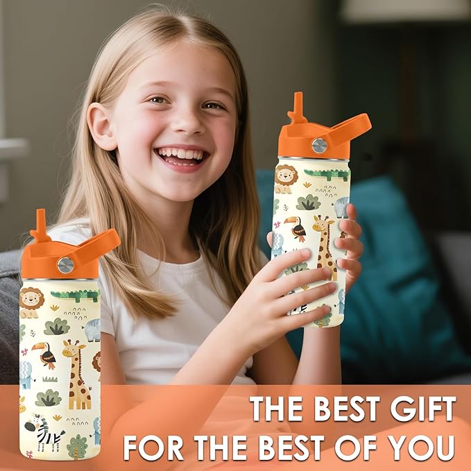 16oz Kids Wild Animal Water Bottle with Straw Lid, Stainless Steel Insulated Tumbler, Leakproof, BPA-Free, for Boys & Girls, Travel - Forest Friends Nature Lovers Birthday Gift Cup (1pc)