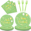 Qyeahkj 100 Pcs Sage Green Birthday Party Supplies Olive Green Gold Paper Plates Napkins Forks Tableware Set Disposable Greenery Happy Birthday Party Decorations for Women Men Girls Favors Serve 25
