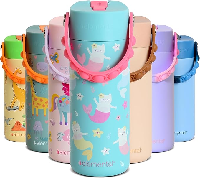 Elemental Insulated Kids Water Bottle, Stainless Steel Water Bottle with Straw Lid & Pop-It Handle, Leak-Proof Water Bottles for School, Boys or Girls, Travelling and Sports, 18oz - Meowmaid