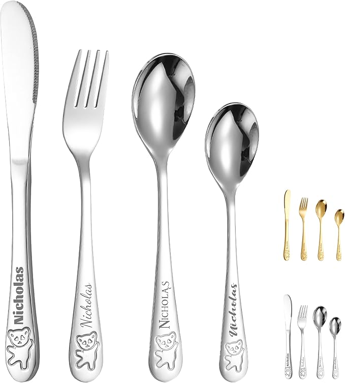 Customized Toddler 4pcs Set Tableware, BUGMKCS Personalized Kids Utensils and Toddler Supplies, 304 Stainless Steel Children Forks and Silverware with Name for Feeding, Kids Cutlery Set