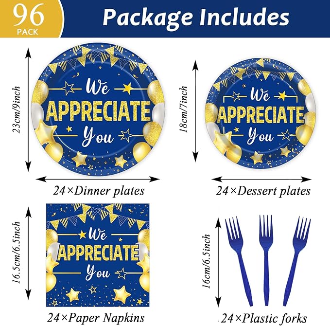 96Pcs We Appreciate You Party Plates and Napkins for Employee Staff Appreciation Blue Gold Supplies Work Anniversary Themed Plate Thank You Tableware Set for Teacher 24 Guests Party Decorations