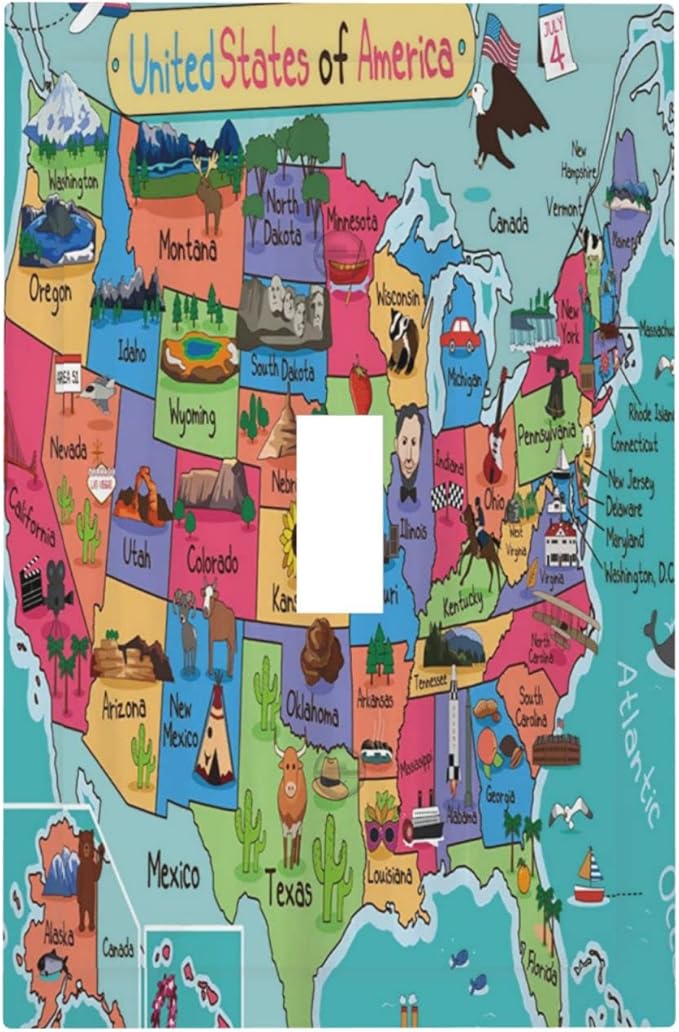Blue 1 Gang Light Switch Plate Decorative Single Toggle Wall Plate Cover Electrical Switchplate Faceplate United States Map Children's Educational Geography Landmark American Map Bedroom Room Decor