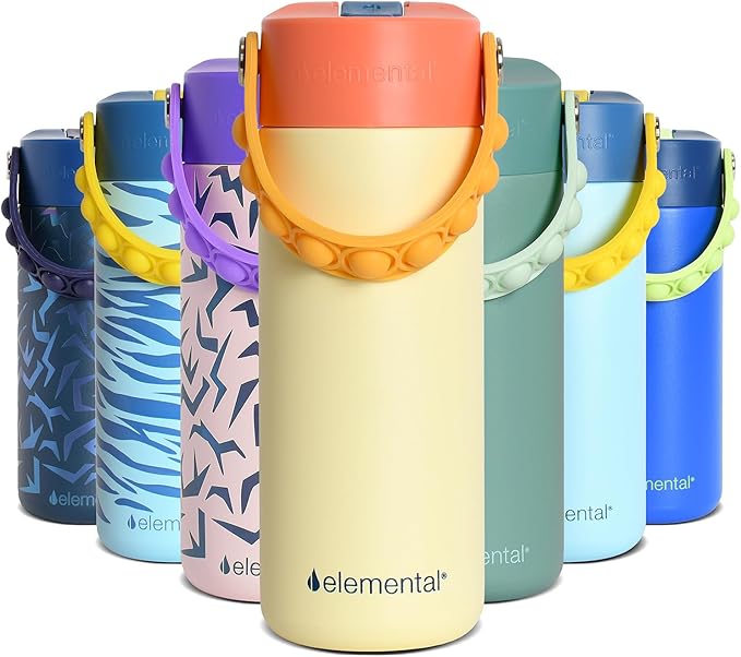 Elemental Insulated Kids Water Bottle, Stainless Steel Water Bottle with Straw Lid & Pop-It Handle, Leak-Proof Water Bottles for School, Boys or Girls, Travelling and Sports, 18oz - Peach Sand