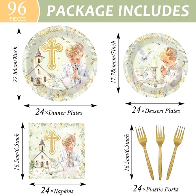 96Pcs First Communion Plates and Napkins for Baptism God Bless Party Supplies Green Mi Primera Comunion Paper Dessert Plates Tableware Set for Boy 24 Guests Baby Birthday Christening Party Decorations
