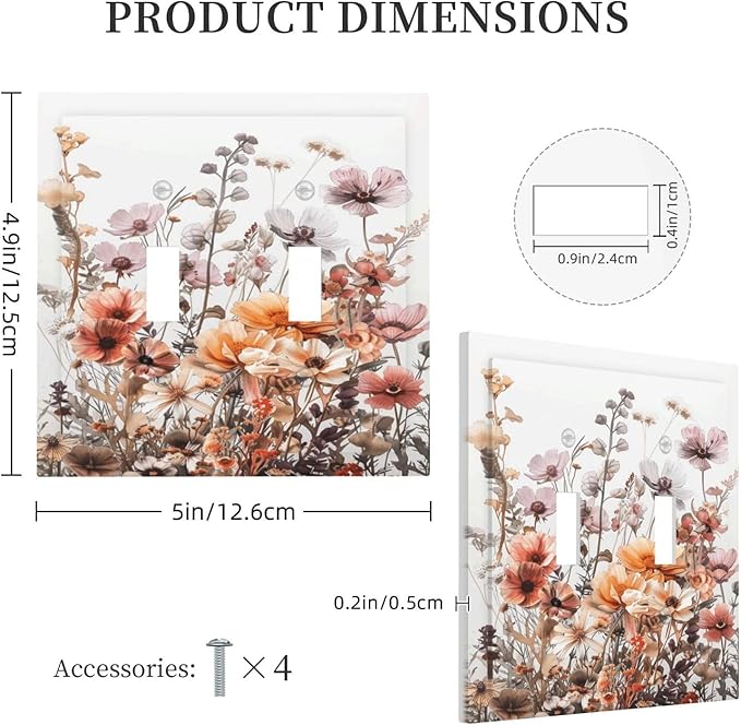 Boho Nursery Wildflower Flora Vintage Flower Decorative Switch Plates 2 Gang Double Toggle Outlet Light Switch Cover Wall Plate Electrical Faceplate for Bedroom Living Room Decor