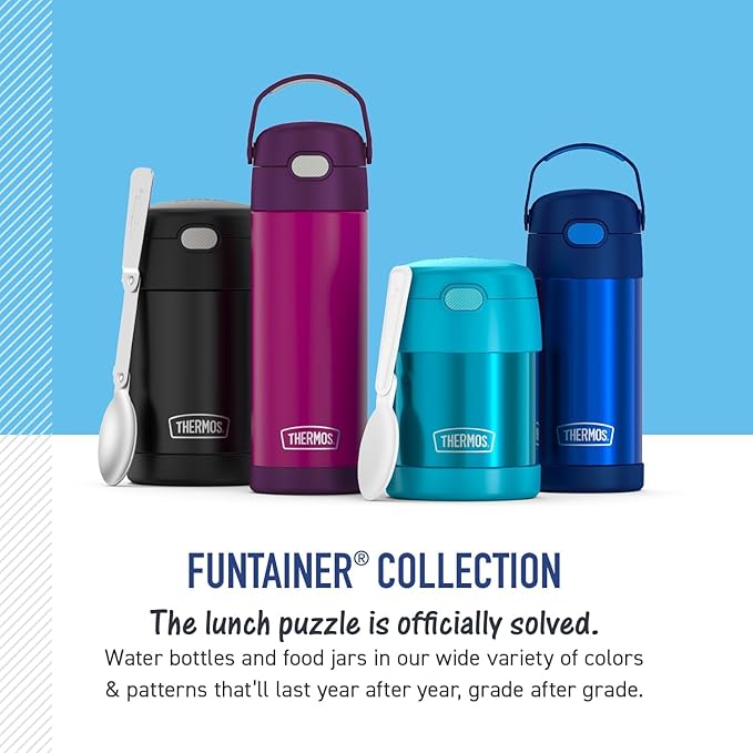 THERMOS FUNTAINER 16 Ounce Stainless Steel Vacuum Insulated Bottle with Wide Spout Lid, Blue Bows