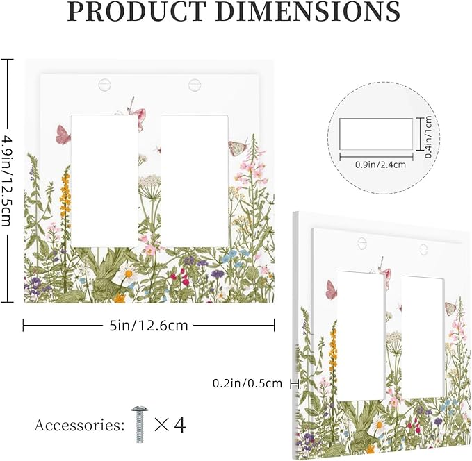 Colorful Butterfly Floral Plants Flower Vine Decorative Outlet Covers 2 Gang Double GFCI Rocker Electrical Wall Panels Light Switch Cover Plate for Bed Room Living Room Decor
