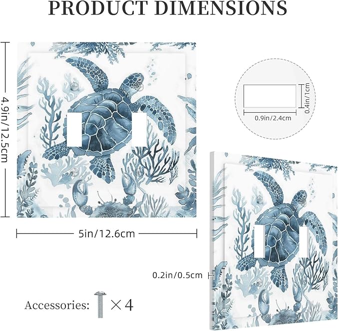 Blue Sea Turtle Coastal Coral Beach Crab Seaweed Decorative Switch Plates 2 Gang Double Toggle Outlet Light Switch Cover Wall Plate Electrical Faceplate for Kids Room Bathroom Decor