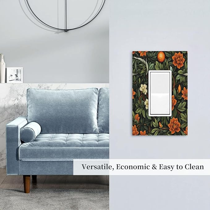 Light Switch Cover Plate William Morris Orange Flowers Rustic Leaves Floral 1 Gang Outlet Covers Single Rocker Decorative Switch plates Electrical Wall Plates GFCI Receptacle for Bathroom Bedroom