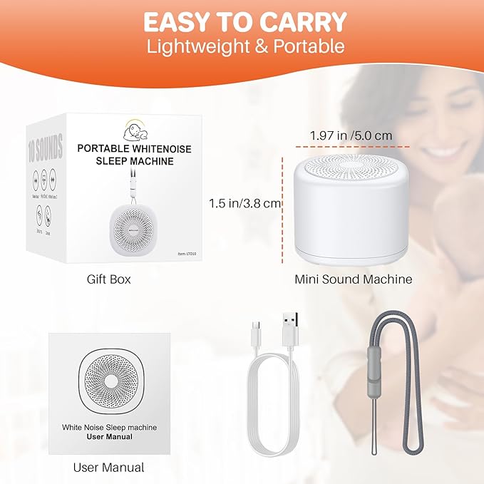 FUNYKICH Travel White Noise Sound Machine with Colorful Light, Portable Mini Sound Machine for Baby Adults Kids with 10 Sounds, Sleep Timer, Memory Function, Rechargeable for Travel, Home and Office