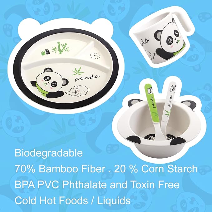 Bamboo Toddler Dinnerware Set,5Pcs Baby Plates and Bowls,Kids Dinnerware Set,Bamboo Kids Plates and Bowls Set,Christmas Kids Dishes Dinnerware Sets with Plate,Bowl,Cup,Fork and Spoon (Panda)