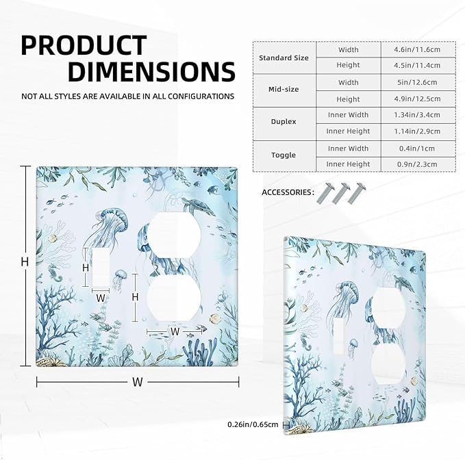 Wallplates Jellyfish Teal Blue Ocean Turtle Coastal Beach 1 Toggle 1 Duplex Switch Plate Electrical GFCI Faceplate Decorative Light Switch Covers for Bedroom Bathroom Decor