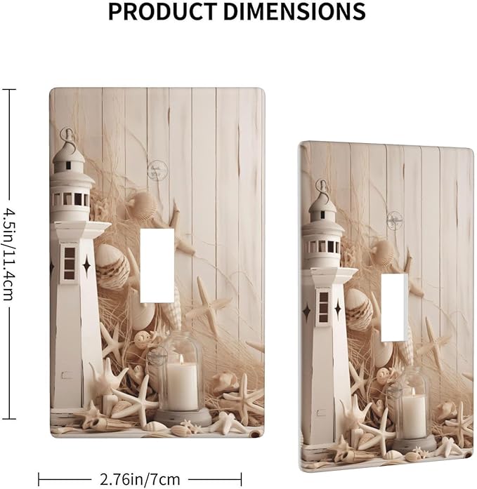 1-Gang Toggle Light Switch Plate, Neutral Coastal Lighthouse Seashell Printed Wall Plate, Beach Farmhouse Decor for Bathroom Beach House