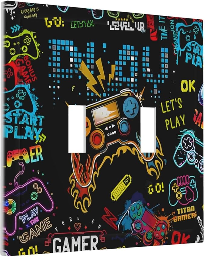 Gamer Video Game Themed Cool Controller Print Decorative Switch Plates 2 Gang Double Toggle Outlet Light Switch Cover Wall Plate Electrical Faceplate for Kids Room Office Decor