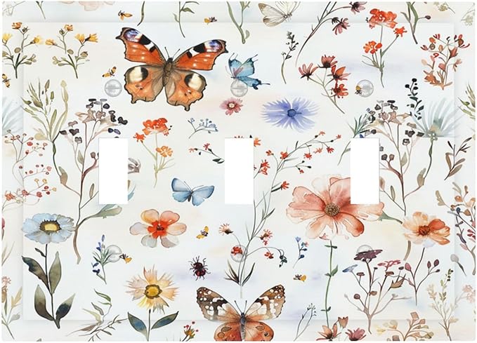 Decorative Switch Plates Butterfly Floral Boho Multicolor Flower Leave 3 Gang Wall Plate Triple Toggle Light Switch Cover Faceplate Electrical Wall Panels for Bed Room living Room Decor