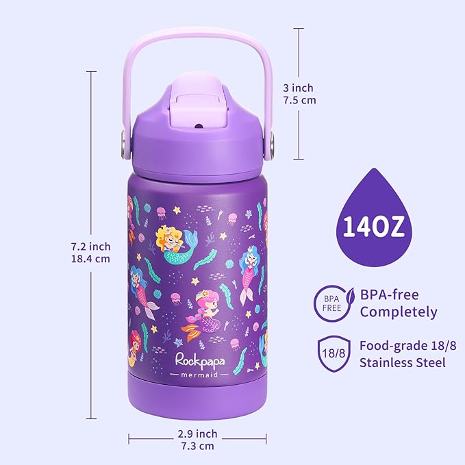 rockpapa 14 oz Kids Insulated Water Bottle，Stainless Steel Toddler Cups with Straws, BPA Free, Leak-Proof, Kids Water Bottle for School Boys& Girls (Purple Mermaid)