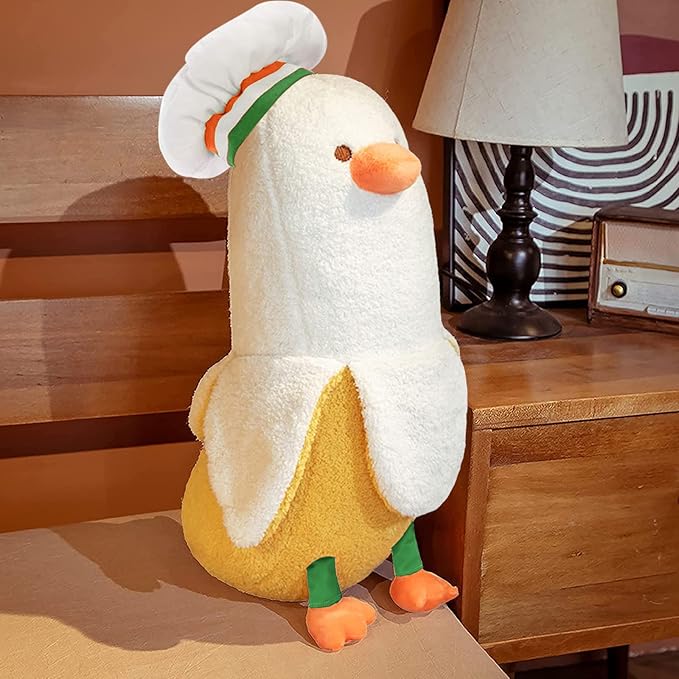 PEACH CAT Cute Banana Duck Stuffed Animal Long Banana Chef Duck Plush Pillow for Girls and Boys White 27.5"