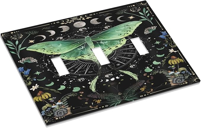 Moon Phase Butterfly Wildflower Plant Mysterious Night Moonlit Decorative Switch Plates 3 Gang Wall Plate Triple Toggle Light Switch Cover Faceplate Electrical Wall Panels for Bedroom Living Room
