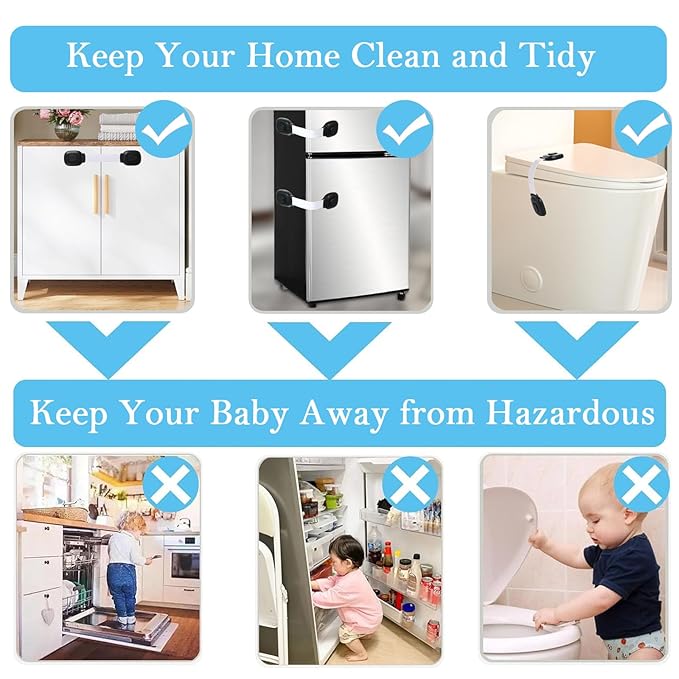 Fursafe&Q Baby Cabinet Locks, Child Safety Cabinet Proofing -Child Safety Strap Locks Adhesive Drawer Fridge Ovens Door Toilet Latches No Drill Multi-Purpose for Furniture Kitchen Lock (WB, 6Pack)