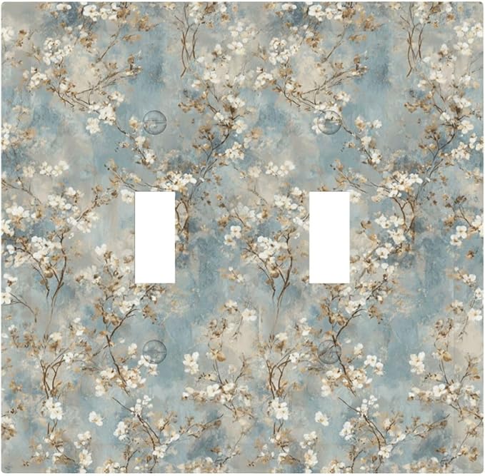 Decorative Light Switch Cover Plate Rustic Blue White Plum Blossom Flower 2 Gang Outlet Covers Double Toggle Wall Plates for Electrical Switch Plate Covers Faceplate for Bedroom Decor