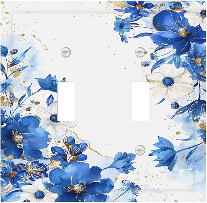 Klein Blue Flowers Watercolor Golden White Floral Decorative Switch Plates 2 Gang Double Toggle Outlet Light Switch Cover Wall Plate Electrical Faceplate for Bedroom Living Room Decor