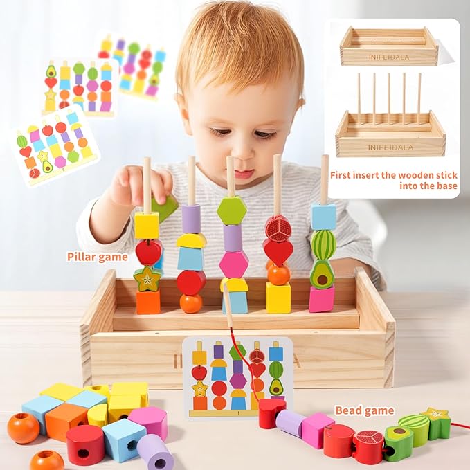 INIFEIDALA Montessori Toys for 3 4 5 Year Old, Stacking Blocks, Lacing Beads & Shape Stacker, Wooden Peg Board Beads Set, Fine Motor Skills & STEM Preschool Learning Gifts for Toddlers Boys & Girls