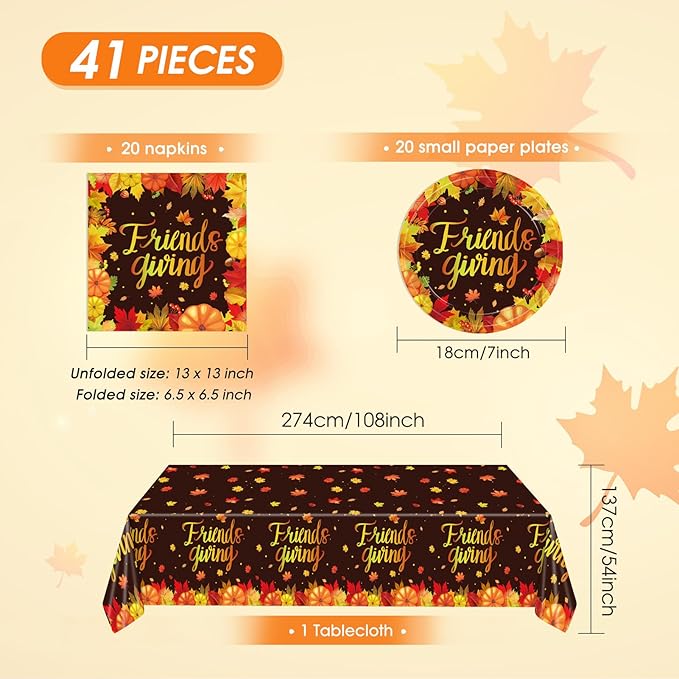 41 PCS Fall theme Thanksgiving Party Supplies Kit,Happy Friendsgiving Tableware Include Dessert Plates, Napkins,Tablecloth Autumn Harvest Disposable Dinnerware For Autumn Thanksgiving Party