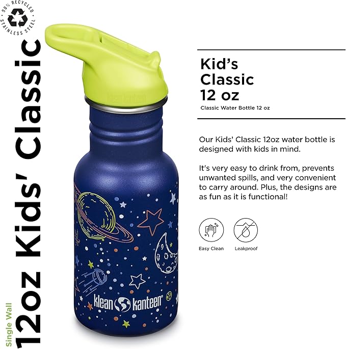 Klean Kanteen 12 oz Classic Kid's Water Bottle with Flip Seal Sport Cap & Straw - 100% Leakproof Cap - Durable Stainless Steel Material - Lightweight & Easy-Grip - BPA-Free - Milky Way