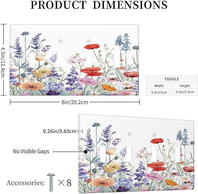 Colorful Floral Purple Lavender Flower Leaves Plants Light Switch Covers Quad Toggle Electrical Faceplate 4 Gang Wall Plate Decorative Switch Plates for Bed Room Living Room Decor