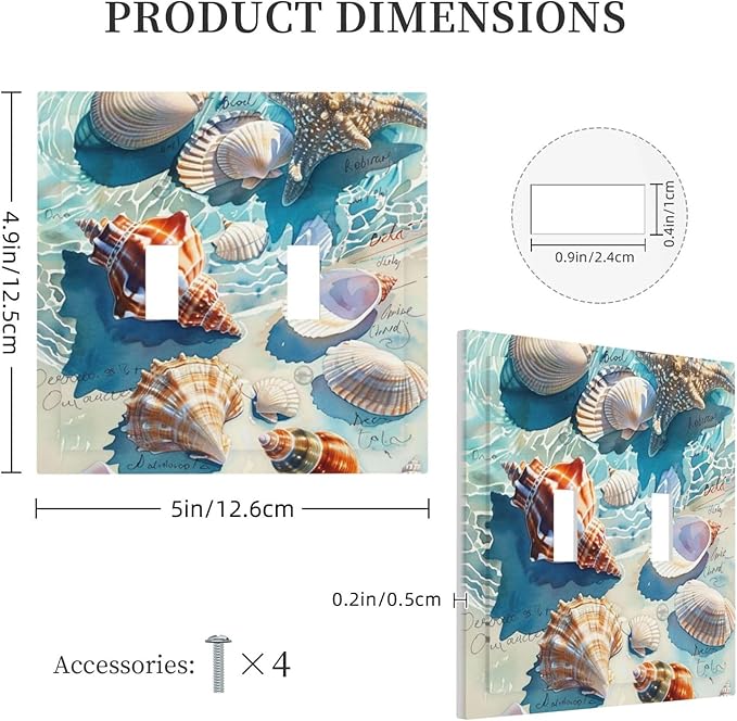 Decorative Switch Plates Ocean Waves Starfish Conch Scallop Shell 2 Gang Double Toggle Outlet Light Switch Cover Wall Plate Electrical Faceplate For Kids Room Nursery Decor