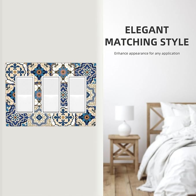 Light Switch Covers Mandala Decorative Tile Talavera Moroccan Tiles 3 Gang Rocker Electrical GFCI Decorative Triple Outlet Wall Plate Cover Switchplate for Bedroom living Room Decor