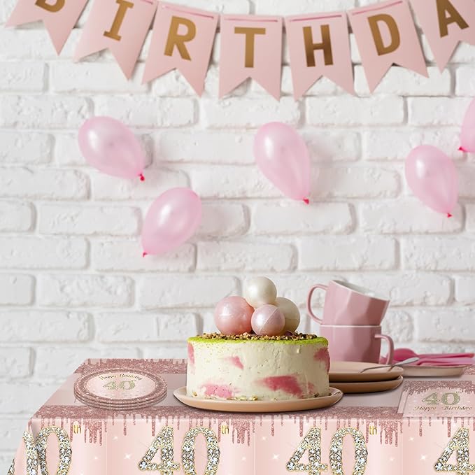 Ryzovo 41Pcs 40th Birthday Decorations, Rose Gold Birthday Party Supplies Include 20Pcs Plates 20Pcs Napkins and 1Piece Tablecloth, Sweet Forty Year Old Birth Party Tableware for Girl Ladies Women