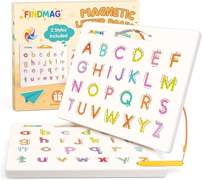 FINDMAG Magnetic Letter Board, Double Sided Alphabet Magnets Tracing Board for Toddlers, Uppercase & Lowercase ABC Boards for Learning Practice, Handwriting, Preschool Educational Gifts for Children