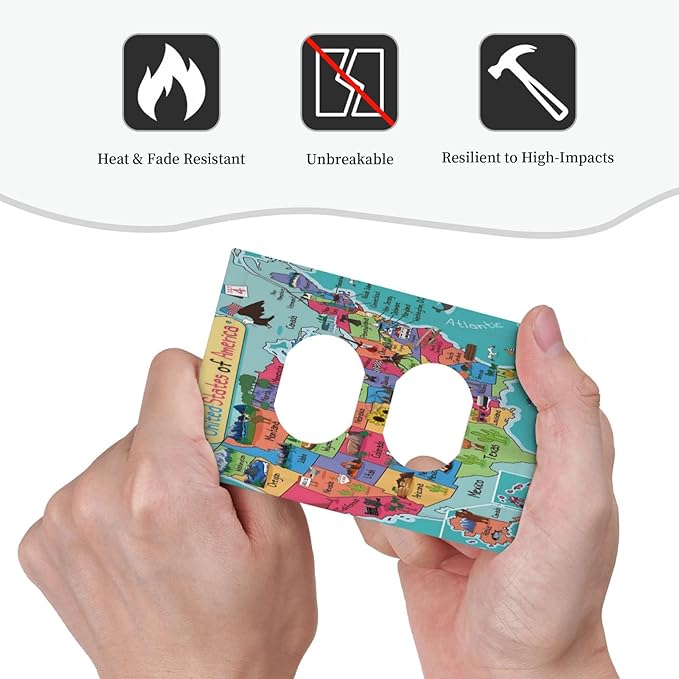 1 Gang Outlet Light Switch Covers Duplex Receptacle Device Plug Socket Wall Plate Turquoise USA Map Art Atlas Electrical Faceplate Switchplates Cartoon Fun Facts Geography American Map Room Decor