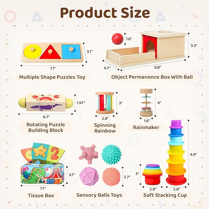 Montessori Toys for Babies 6-12 Months,1 Year Old,8 in 1 Baby Sensory Toy for 12-18 Months Toddler,Wooden Educational Development Toys with Soft Stacking Cup&Sensory Ball&Tissue Box