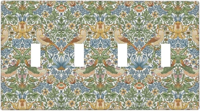 William Morris Strawberry Thrush Birds Quad Toggle Light Switch Cover Vintage Floral Flowers Plant 4 Gang Wall Plate Decorative Electrical Switchplates Covers for Country Bedroom Home Décor