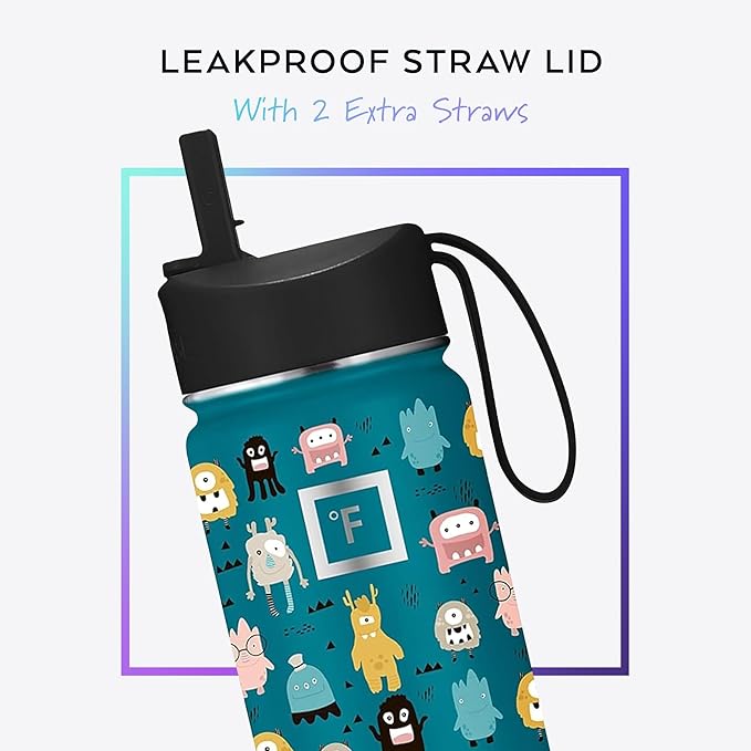 IRON °FLASK Kids Water Bottle - Straw Lid, 20 Name Stickers, Vacuum Insulated Stainless Steel, Double Walled Tumbler Travel Cup, Thermos Mug - Iron Shark, 10 Oz