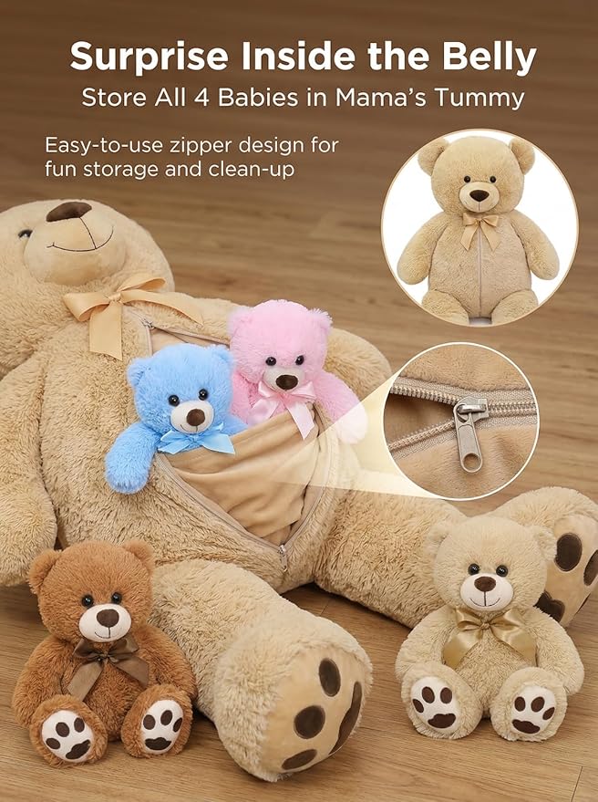 MaoGoLan 5Pcs Big Teddy Bear Plush with 4 Babies,41" Cuddly Giant Bear Stuffed Animal with Zipper Storage for Small Teddy Bear Plushies in Bulk for Baby Shower,Party Favor,Decorations,Kids,Adults