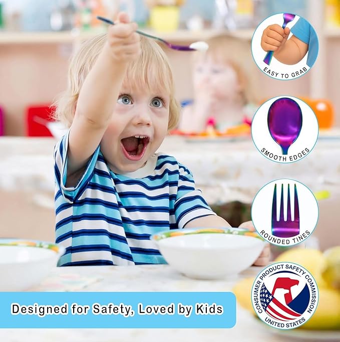 Stainless Steel Kids Silverware Set 24 Pieces (2 Pack of 12) - Child and Toddler Safe Flatware - Kids Utensil Set - Metal Kids Cutlery Set (Includes 12 Small Kids Spoons & Kids 12 Forks, UV Rainbow)