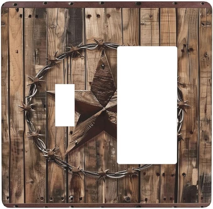 Light Switch Cover Rustic Star Western Cowboy Wood 2 Gang Toggle Rocker Combo Socket Cover Wall Plates Decorative Switch Plates and Outlet Covers for Farmhouse Home Decor