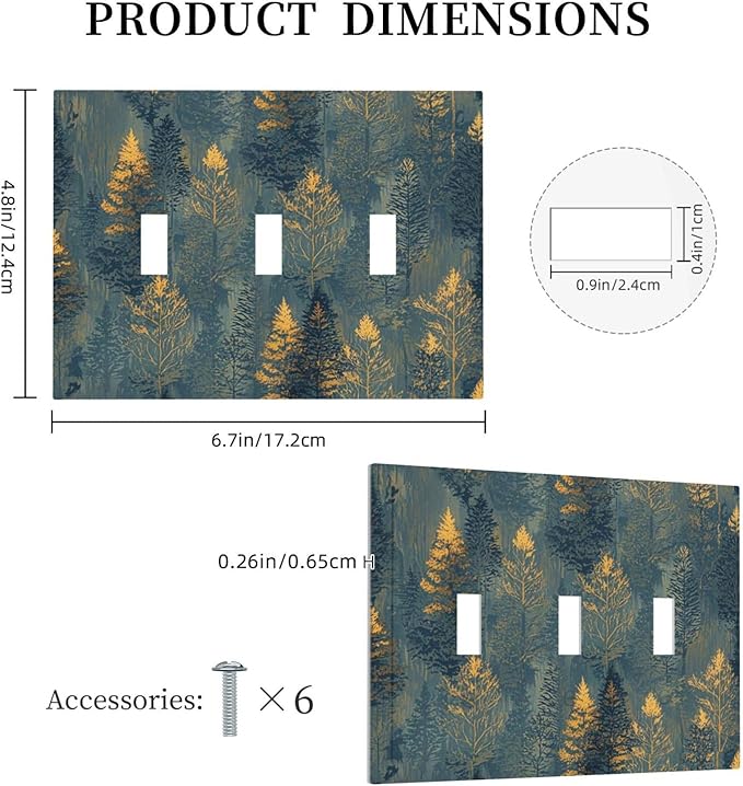 Decorative Switch Plate Cover with Golden Trees & Abstract Gradient Forest Landscape Design 3 Gang Artistic Wall Plate Unique Triple Toggle Light Switch Covers for Blue Retro Home Decor