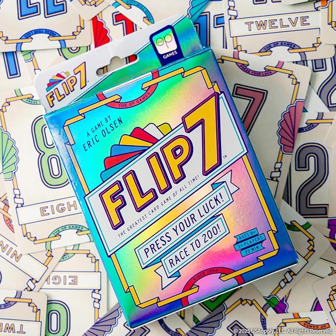 USAOPOLY Flip 7, The Ultimate Blend of Press Your Luck & Strategy, Fast-Paced Addictive Card Game,Quick to Learn & Easy to Teach,Perfect for Game Nights, 3+ Players, Ages 8 & Up, 20 Minutes Play Time