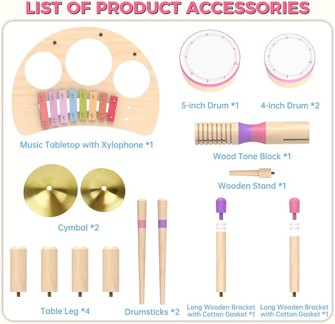 Toddlers Drum Set Toys for 1 2 3 Year Old Girls,Montessori Music Toy for Toddlers 1-3,Baby Drum with Xylophone,Musical Instruments Toy, Kids Birthday Gifts for Baby 18+ Months (Pink)