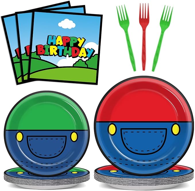 96 Pcs Super Theme Brother Birthday Party Plates and Napkins Brothers Theme Decorations Gamer Birthday Supplies Super Video Games Paper Dessert Plates Tableware Set for Kids Baby Shower 24 Guests