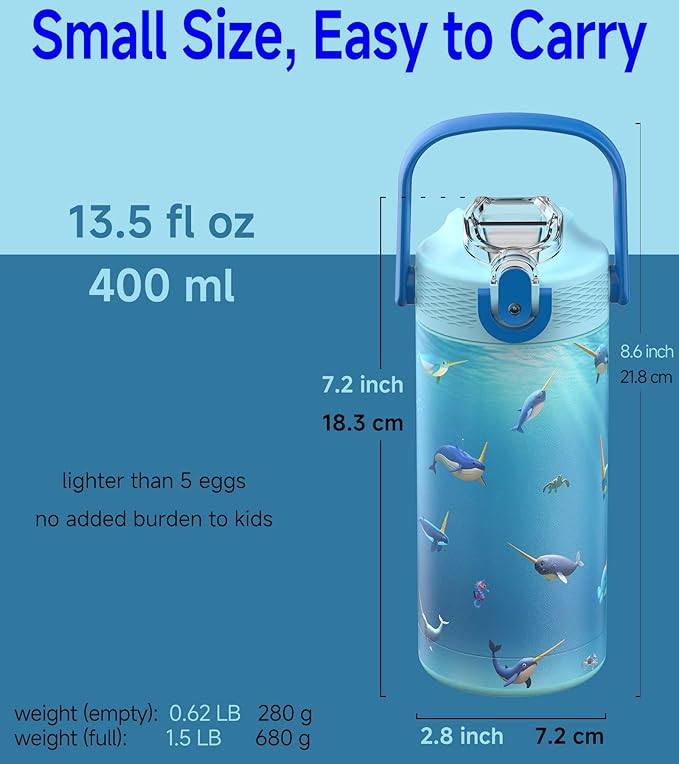 MYFOREST 14oz/400ml Insulated Kids Water Bottle, Odor-Free Surgical Grade Liner, Dishwasher-Safe, Name Spot, Soft Sipper, Gift for Thalassophile (Ocean. Narwhals)