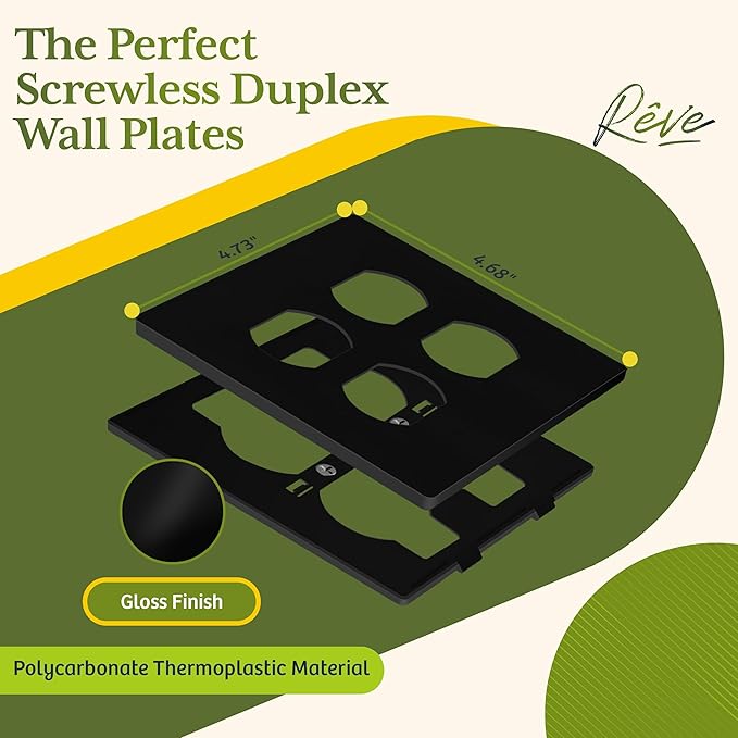 TG Screwless Duplex Wall Plate, Child Safe Double Receptacle Outlet Cover, Standard Size, 2-Gang 4.68" x 4.73", Unbreakable Polycarbonate Thermoplastic, UL Listed, SP-S2-BK, Glossy, Black